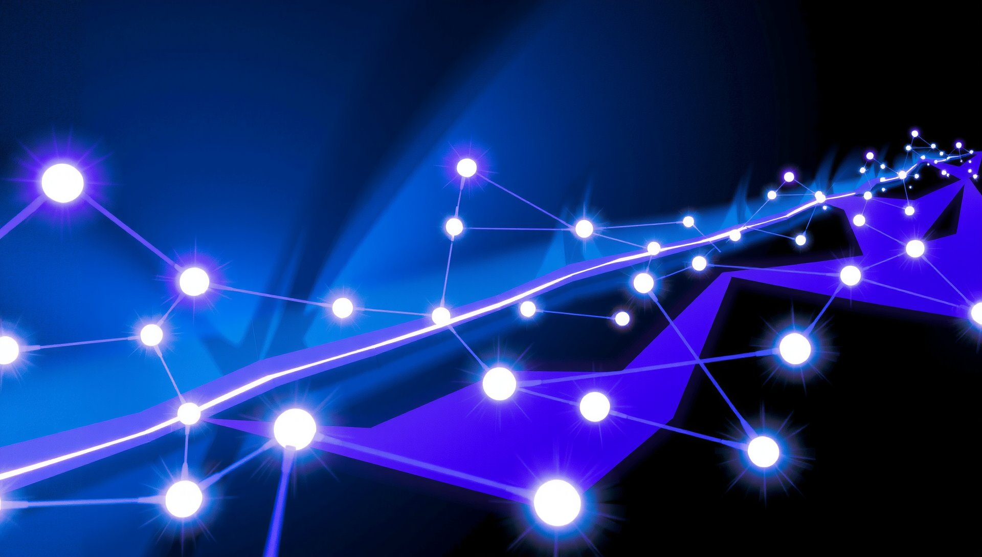 Abstract interconnected nodes and light trails symbolizing the universe of immersive mobile games by GameLiftX